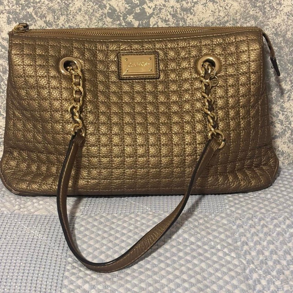 Calvin Klein Metallic Bronze Quilted Leather Shoulder Bag Gold Chain Tote